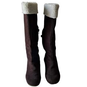 Banana Republic Brown Suede Sherpa Fleece Trim Knee High Wedge Heel Boots Size 7